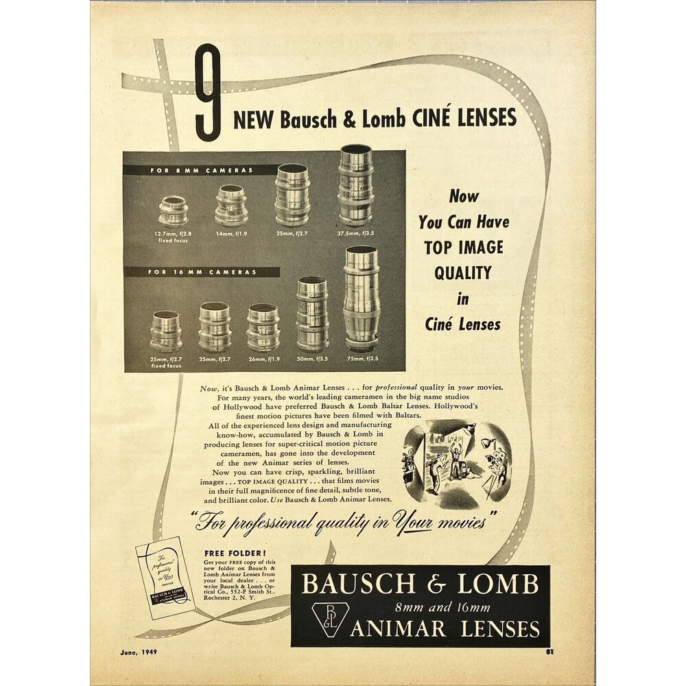 Bausch & Lomb "8mm and 16 mm Animar Camera Lenses" Vintage Print Ad 1949